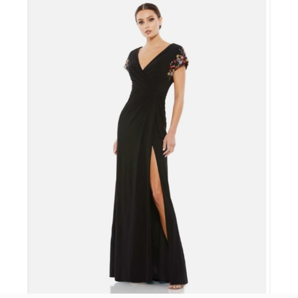 Mac Duggal Black Maxi Dress with Floral Embellishments